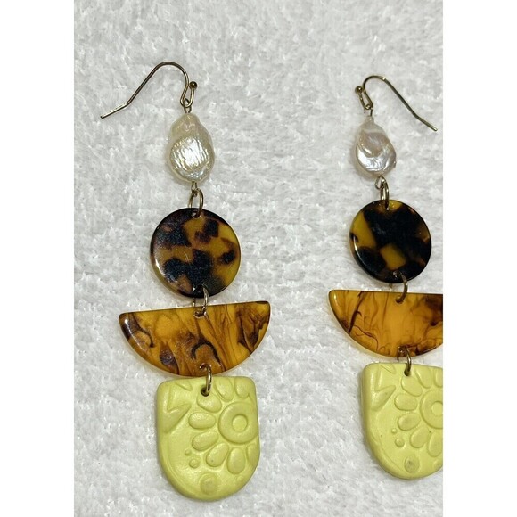 Handmade Fresh Water Pearl Tortoiseshell Polymer Clay Earrings Boho - Picture 4 of 7